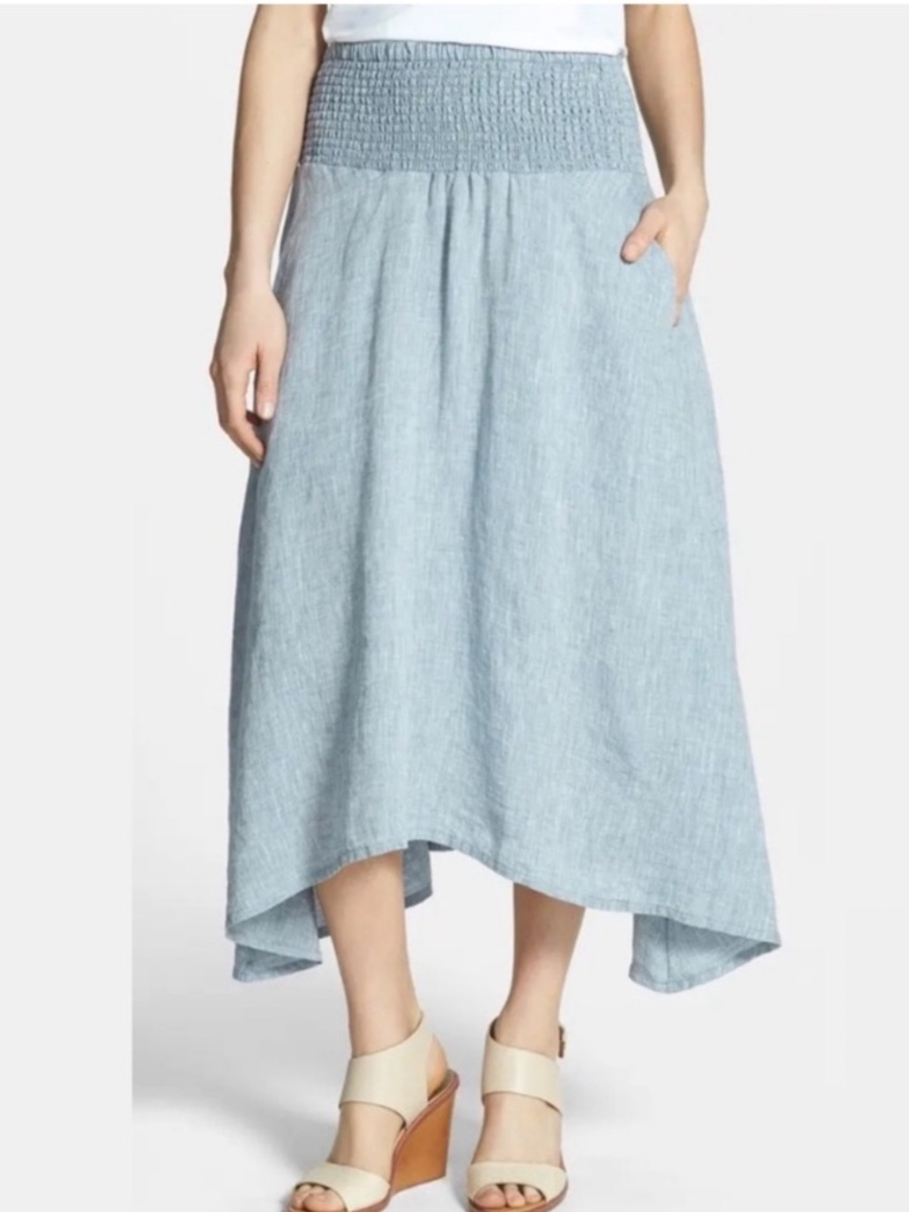 Eileen Fisher Organic Linen Smocked A-Line Skirt Handkerchief Hem Medium Pockets - Picture 3 of 16